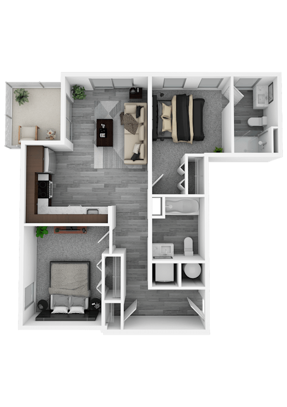 Floor Plan  A top-down view of a small apartment with a living room, kitchen, and bathroom.