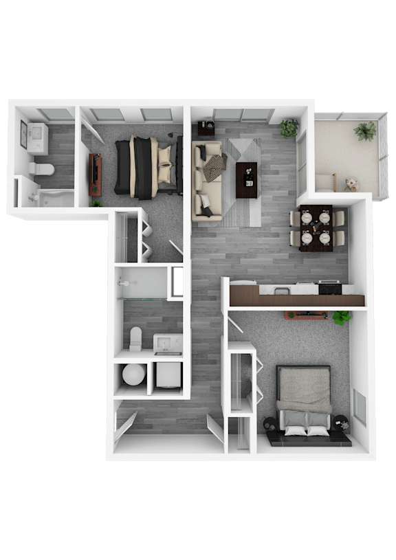 A top-down view of a house layout with a living room, kitchen, dining area, and bedrooms.
