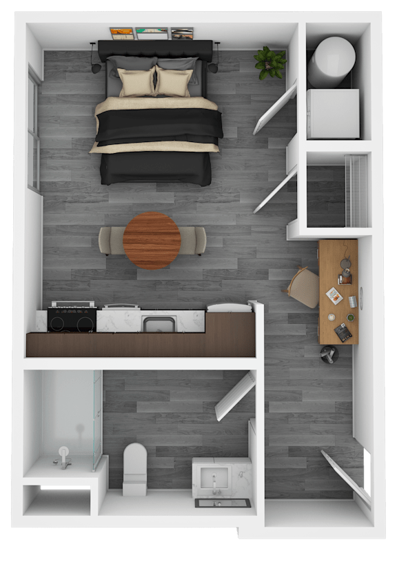 Floor Plan  A top-down view of a small, modern apartment with a bed, a desk, and a kitchenette.
