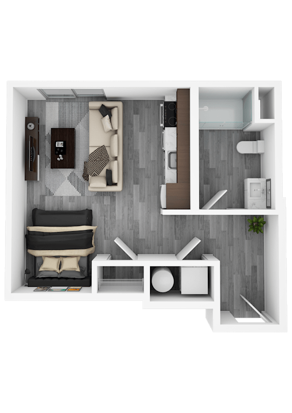 A top-down view of a living room with a couch, a coffee table, and a television.