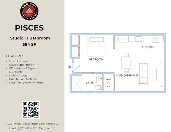 A floor plan for a 584 square foot studio with one bathroom is shown.