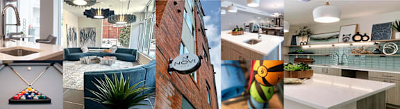 A collage of four different modern kitchen designs.