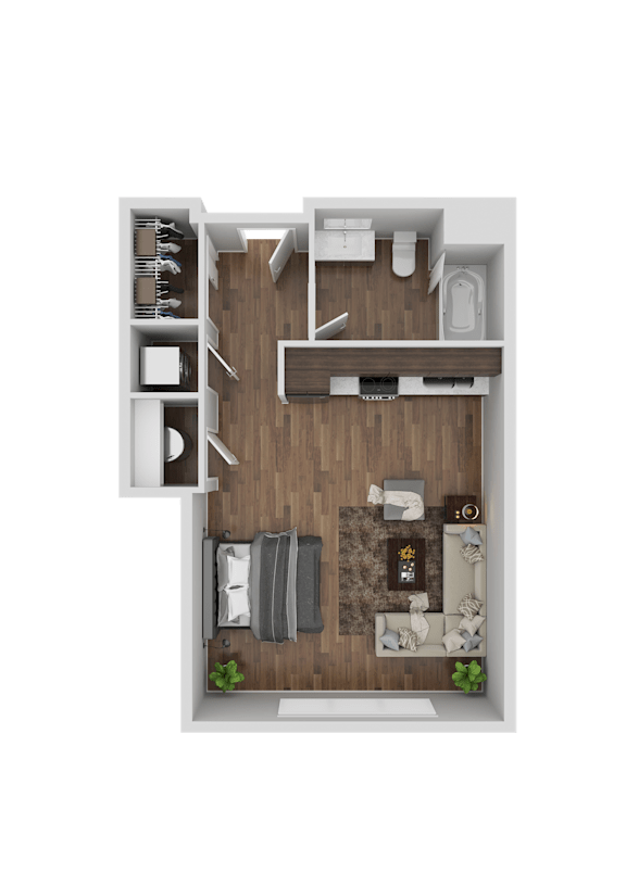 A top-down view of a small apartment layout with a kitchen, living room, and bedroom.