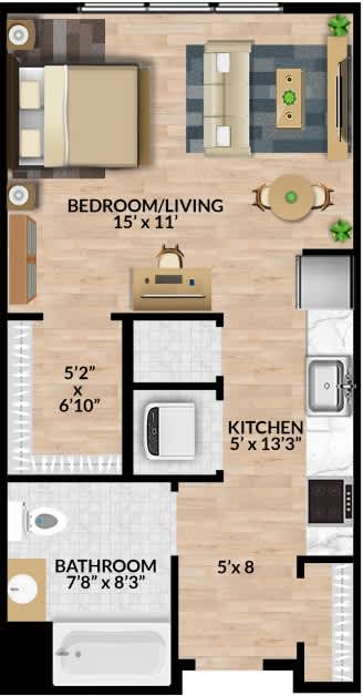 A floor plan of a bedroom/living room, kitchen, and bathroom layout.