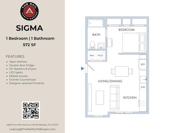 A floor plan of a one bedroom apartment with a kitchen and living room.