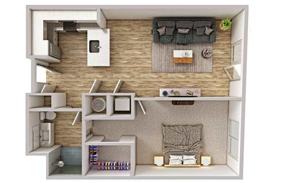 A 3D rendered image of a small apartment layout.