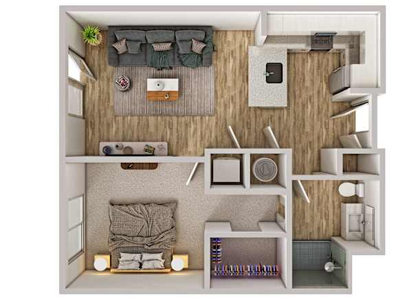 A top-down view of a small, neatly organized apartment with a bedroom, living room, and kitchen.