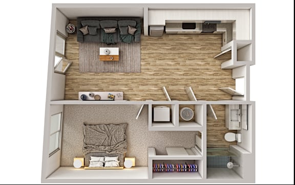 A top-down view of a small, neatly organized apartment with a bedroom and living room.