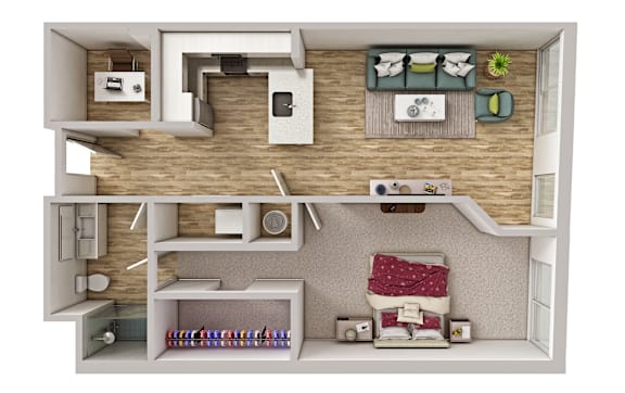 A dollhouse with a bedroom, living room, and kitchen.