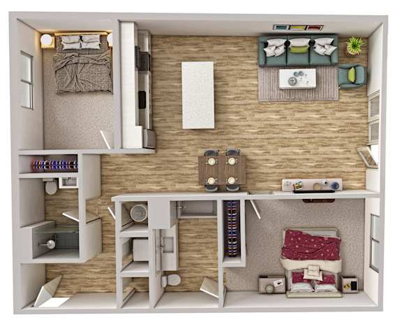 A 3D rendered image of a small apartment layout.