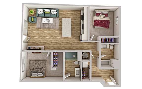 A top down view of a small apartment with a kitchen, living room, and bedroom.