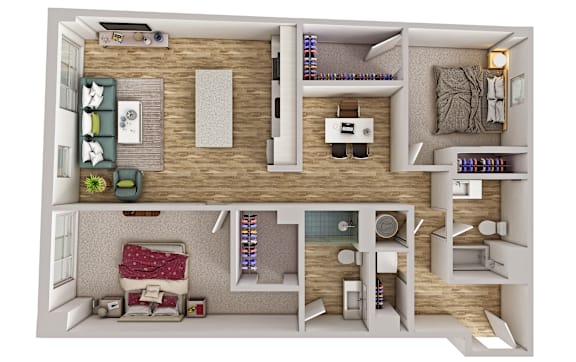 A top-down view of a small apartment with a kitchen, living room, and bedroom.