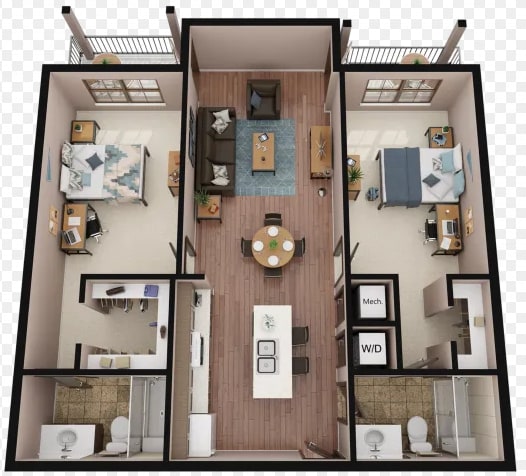 3d floor plan of a house with a bedroom and living room