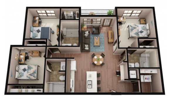A top-down view of a small apartment layout with a kitchen, living room, and two bedrooms.