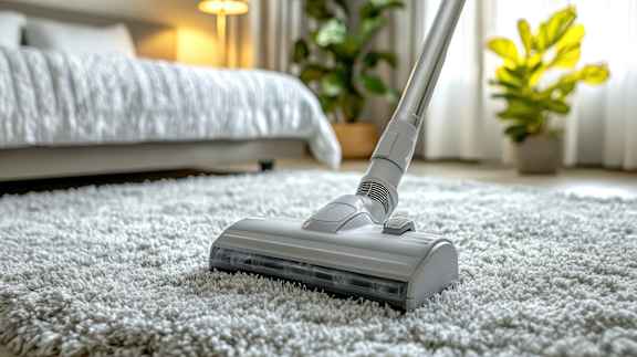 A vacuum cleaner is on a carpet in a room with a bed and plants.