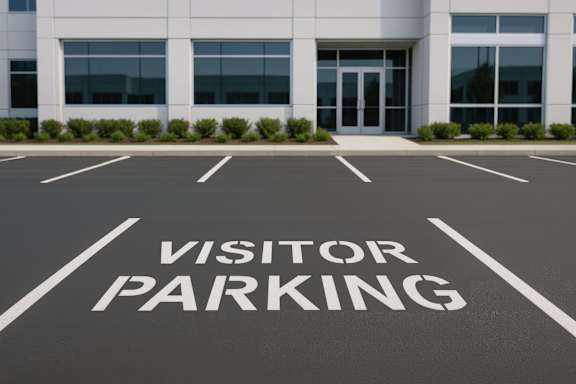A parking lot with the words "VISITOR PARKING" painted on the pavement.