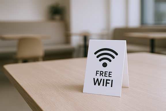 A sign on a table that says "FREE WIFI" with a WiFi symbol.