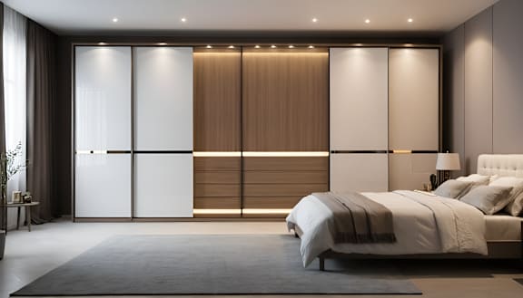 A modern bedroom with a large bed and a large window with curtains.