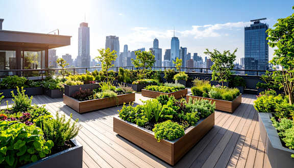 A rooftop garden with wooden planters and a city skyline in the background.