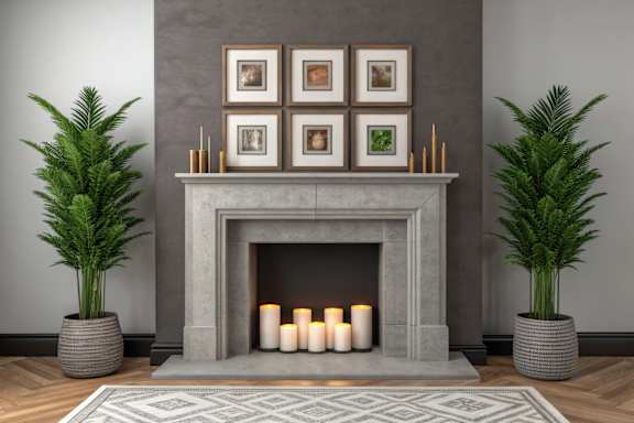 A fireplace with candles and pictures on the mantle.