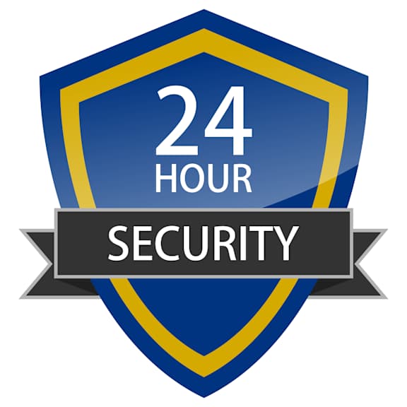 A blue and yellow emblem signifying 24 hour security.