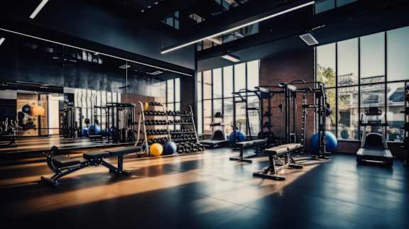 A gym with various exercise equipment and a large window.