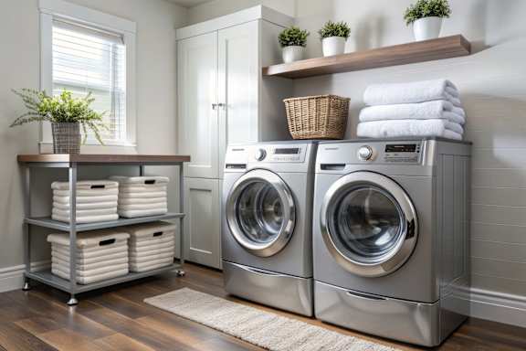 A laundry room with a washer and dryer stacked on top of each other.