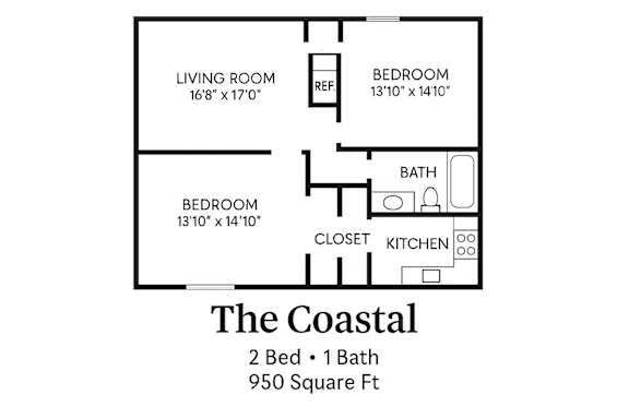 A floor plan of a 2 bedroom apartment with a living room, two bedrooms, a bathroom, a kitchen, and a closet.