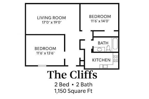 A black and white image of a floor plan for a 2 bedroom, 2 bathroom apartment.