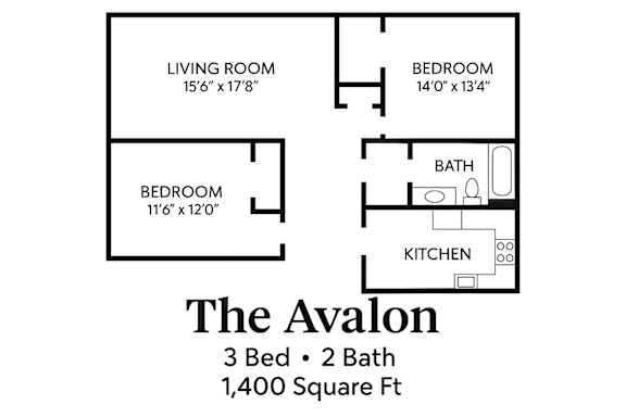 A floor plan for a 1,400 square foot home with three bedrooms and two bathrooms.