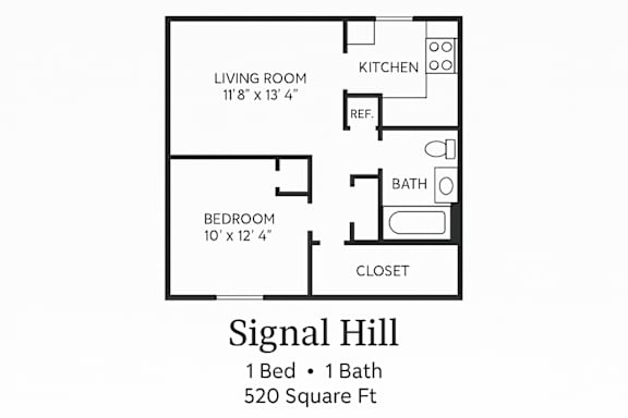 A floor plan of a one bedroom, one bathroom apartment at Signal Hill.