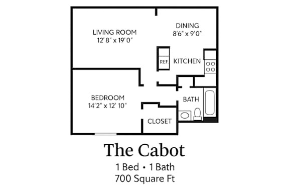 A floor plan of a one bedroom apartment named "The Cabot" with 700 square feet.