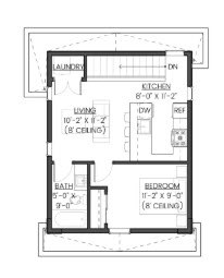 A floor plan of a small apartment with a living room, bedroom, kitchen, and bathroom.