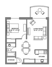 A floor plan of a house with a living room, dining room, kitchen, bedroom, and storage space.