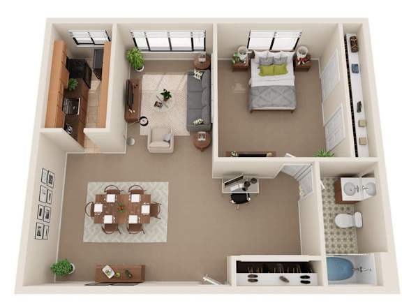 A top-down view of a small apartment with a living room, kitchen, and bedroom.