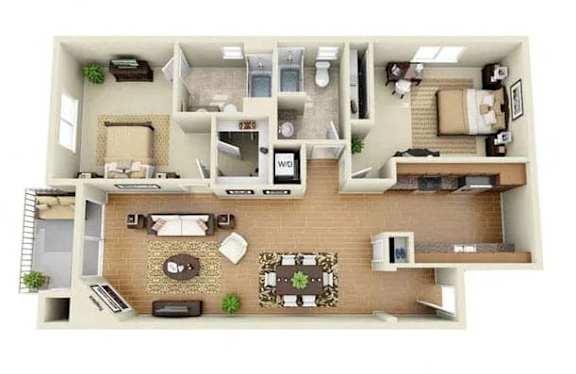 A top-down view of a house interior with a living room, kitchen, and dining area.