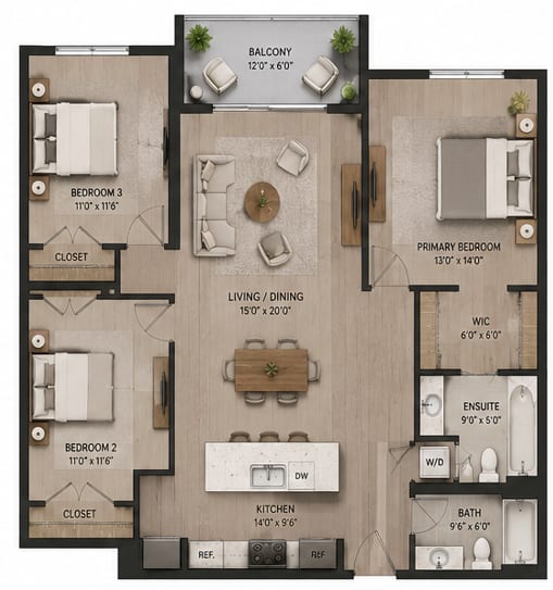 A floor plan of an apartment with a living room, two bedrooms, a kitchen, and a bathroom.