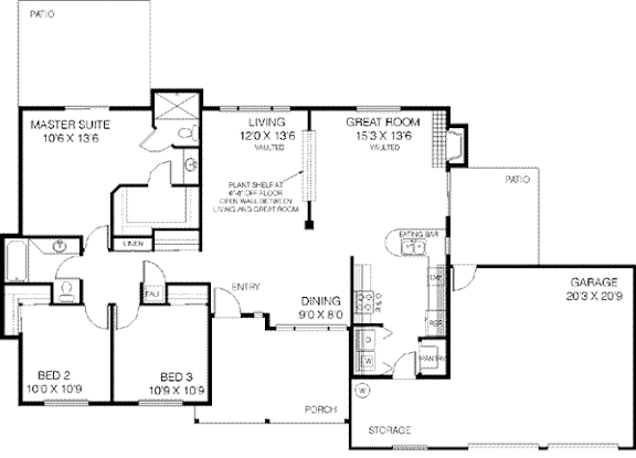 A floor plan of a house with a master suite, two bedrooms, a living area, a dining area, a garage, and a storage area.