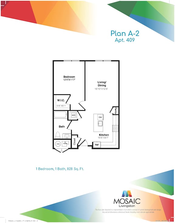 A floor plan for a one bedroom, one bath apartment at Mosaic Livingston.