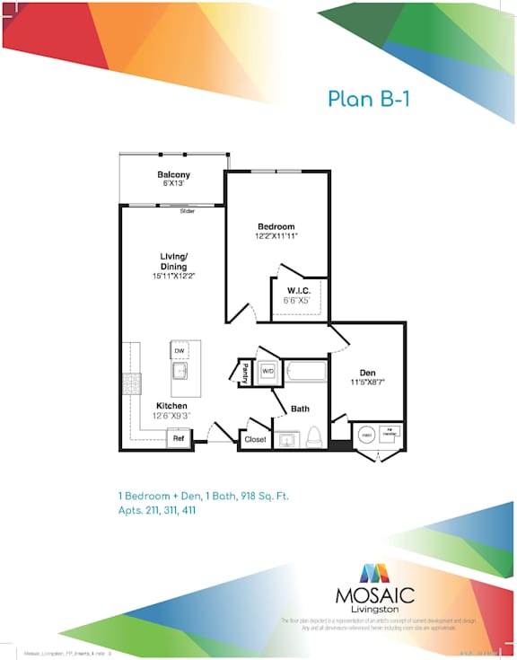 A drawing of a floor plan for a one bedroom apartment.