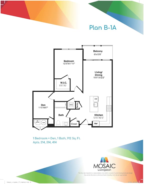 A floor plan for Plan B-1A shows the layout of a living space with a bedroom, bathroom, living/dining area, and kitchen.