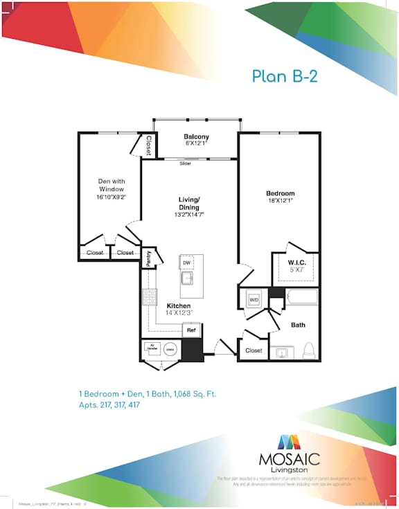 Plan b2 one bedroom plus den floor plan at Mosaic Livingston Apartments, Livingston