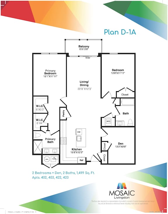 A floor plan for a two bedroom apartment with dimensions and square footage.