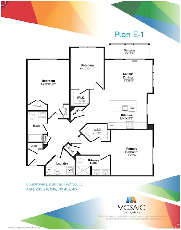 A floor plan for a Mosaic Livingston apartment shows three bedrooms, two baths, and living/dining room.