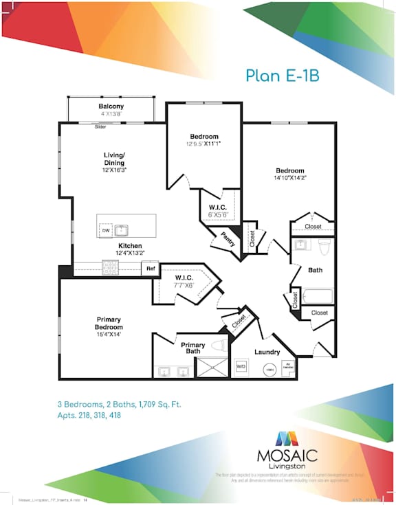 A floor plan for Plan E-1B shows three bedrooms, two baths, and a laundry room.