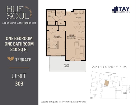 A floor plan for a 303 unit apartment building with a bedroom, living room, and bathroom.