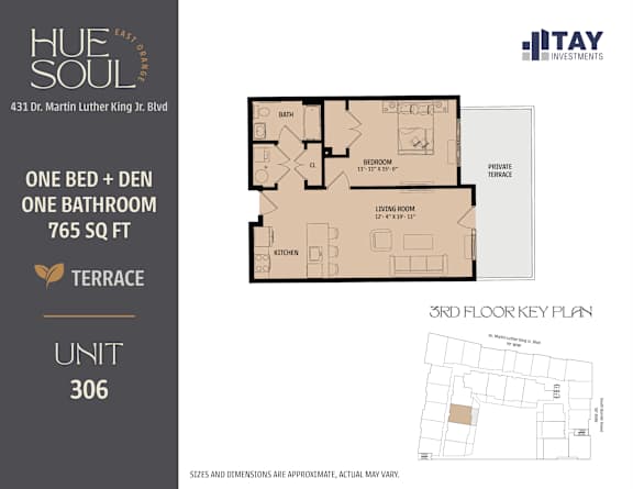 A floor plan for a 765 square foot apartment with one bedroom and den, and one bathroom.