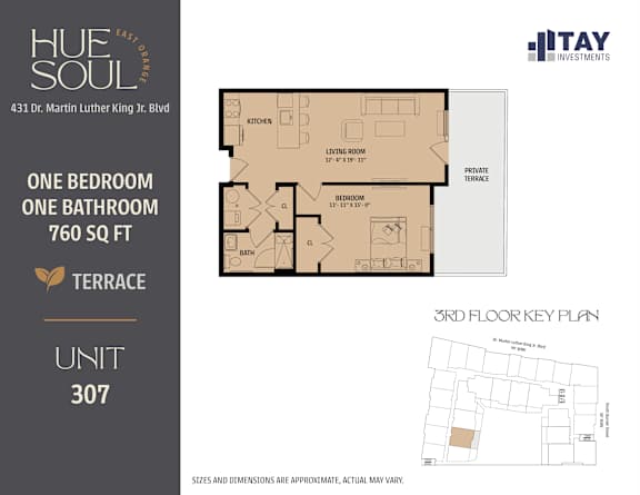 A floor plan for a 760 square foot apartment with one bedroom and one bathroom.