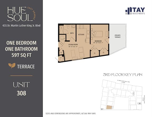 A floor plan for a one bedroom, one bathroom apartment at Hue Soul East Campus.