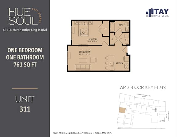 A floor plan for a one bedroom, one bathroom apartment at Hue Soul East Campus.